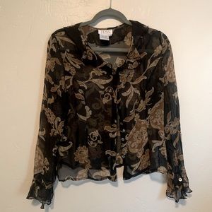 100% silk vintage baroque print blouse with ruffle sleeve